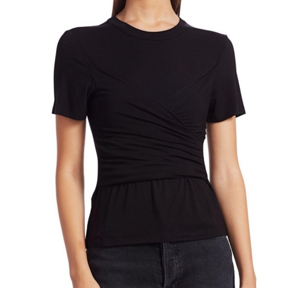 ALEXIS Soli Black Peplum Twist Front Knit Top Faux Wrap Shirt Sz M